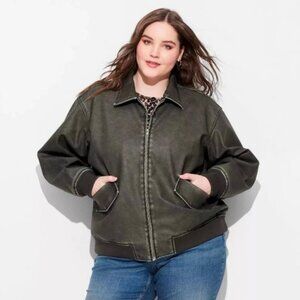 NWT Wild Fable Black Brown Faux Leather Bomber Jacket Zip up with Pockets
